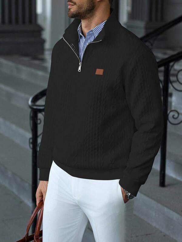 Suéter Meio Zíper Tricot Trançado Com Ribana Casual