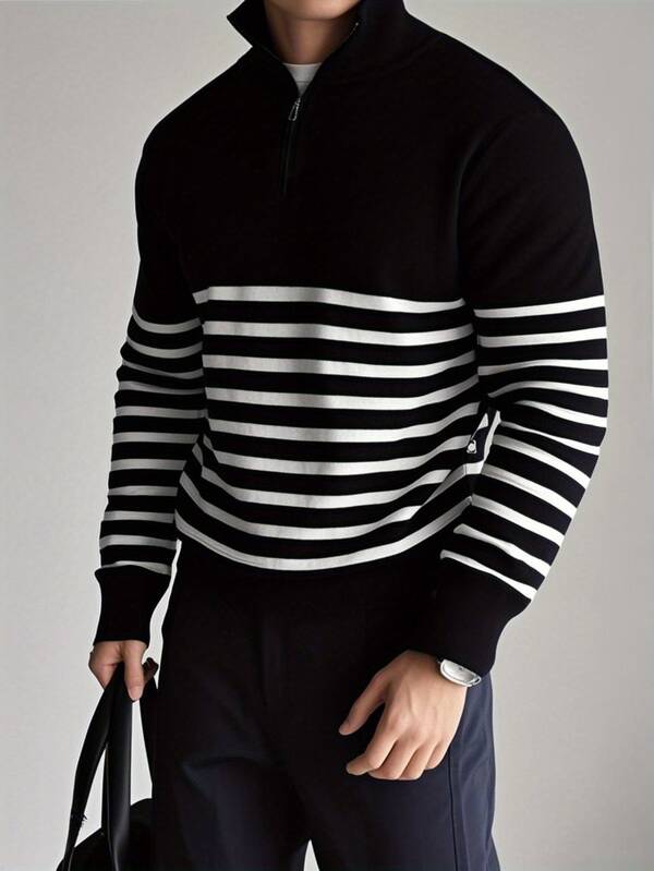 Suéter Meio Zíper Gola Alta Listrado Com Ribana Casual Tricot