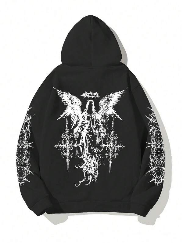 Moletom Com Capuz Estampa Angelical Costas Manga Estampada