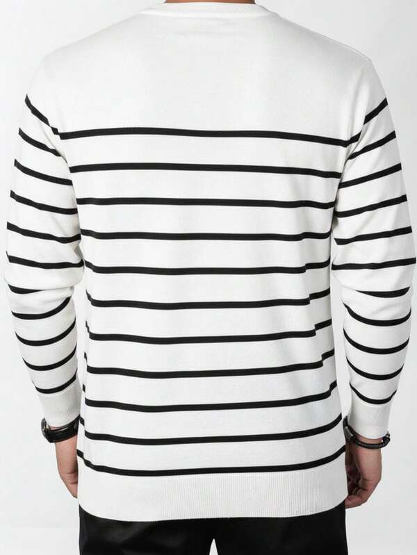 Suéter Tricot Listrado Gola Redonda Com Ribana Estilo Casual