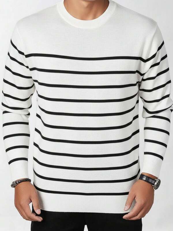 Suéter Tricot Listrado Gola Redonda Com Ribana Estilo Casual