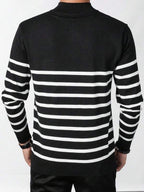 Suéter Meio Zíper Gola Alta Listrado Com Ribana Casual Tricot