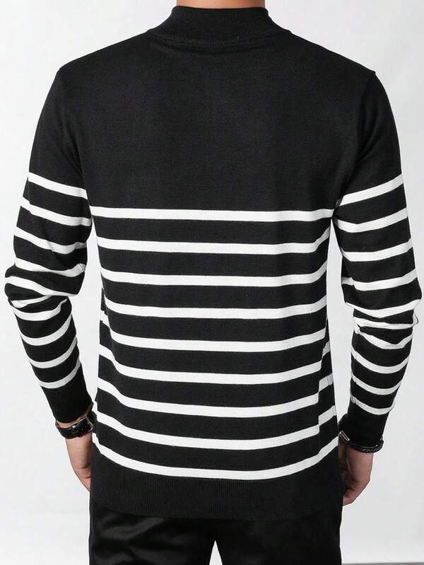 Suéter Meio Zíper Gola Alta Listrado Com Ribana Casual Tricot