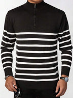 Suéter Meio Zíper Gola Alta Listrado Com Ribana Casual Tricot