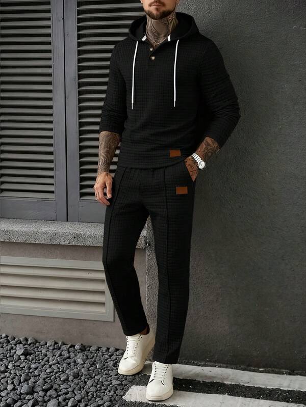 Conjunto Moletom Com Capuz Texturizado e Calça Com Cordão