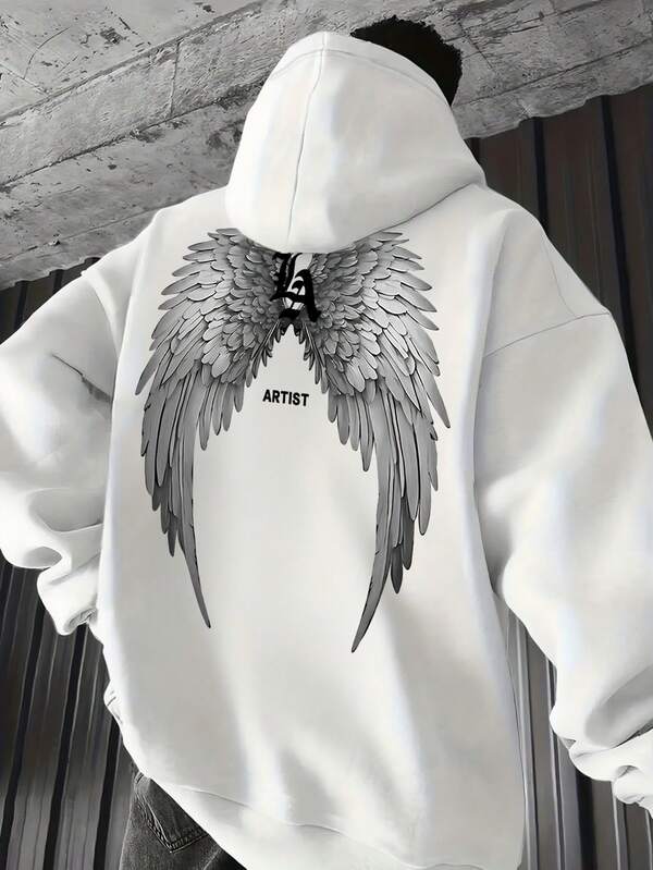 Moletom Com Capuz Estampa Asas Nas Costas Lettering Frontal