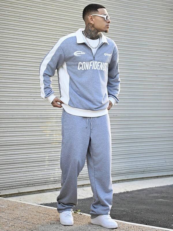 Conjunto Moletom Meio Zíper Lettering e Calça Com Cordão