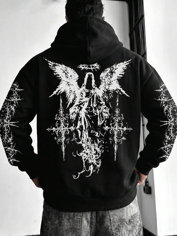 Moletom Com Capuz Estampa Angelical Costas Manga Estampada