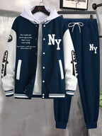 Conjunto Com Capuz Jaqueta Botões Calça Jogger Com Cordão