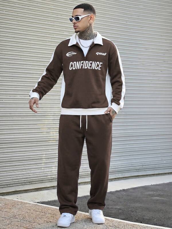 Conjunto Moletom Meio Zíper Lettering e Calça Com Cordão