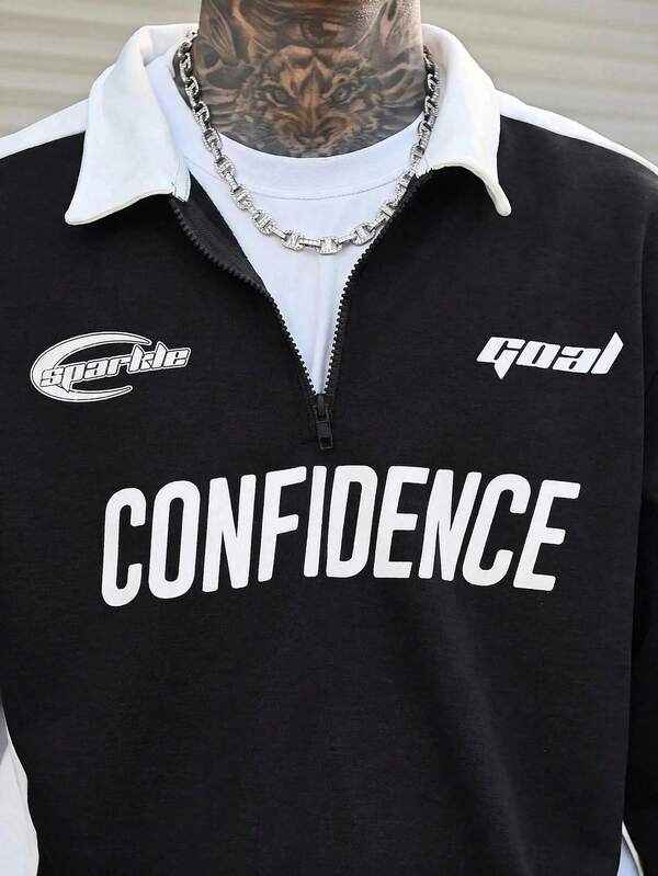 Conjunto Moletom Meio Zíper Lettering e Calça Com Cordão