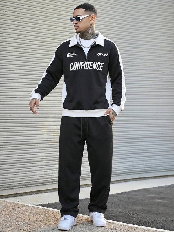 Conjunto Moletom Meio Zíper Lettering e Calça Com Cordão