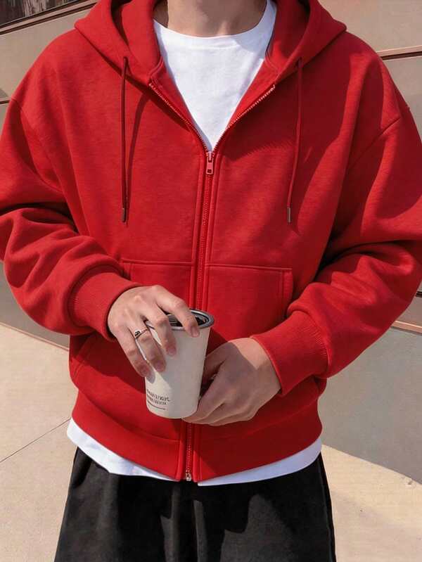 Moletom Com Capuz Com Zíper Bolso Canguru Com Cordão