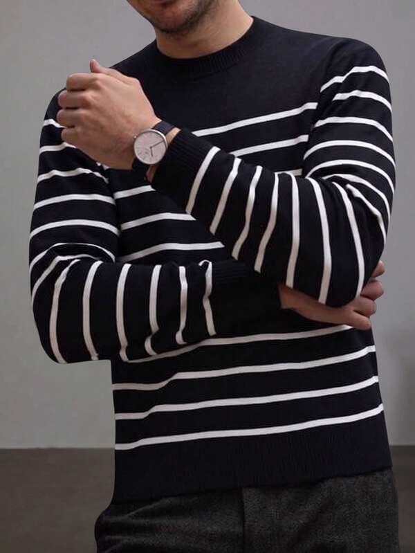 Suéter Tricot Listrado Gola Redonda Com Ribana Estilo Casual