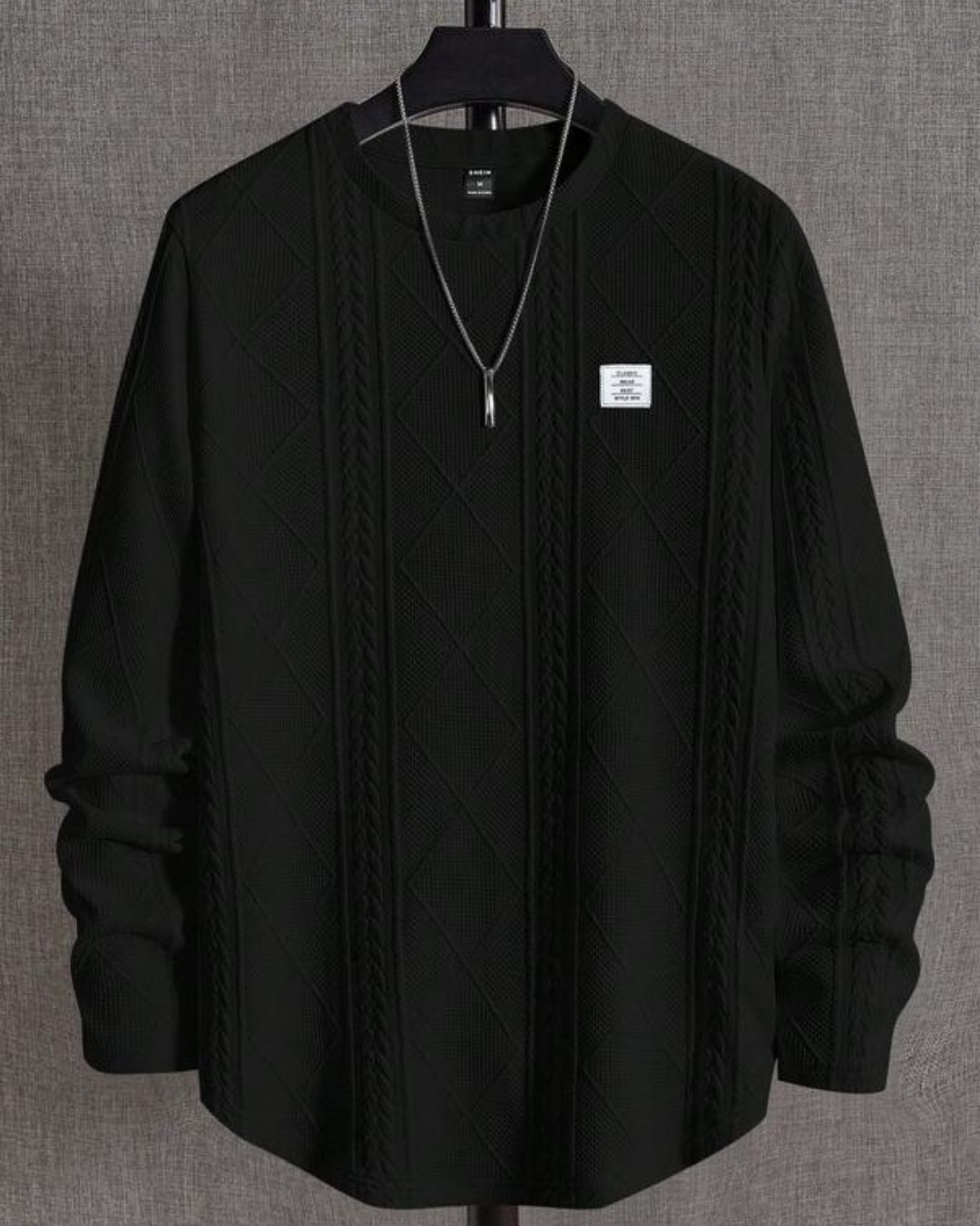 Suéter Tricot Texturizado Patch Gola Redonda Com Ribana Casual