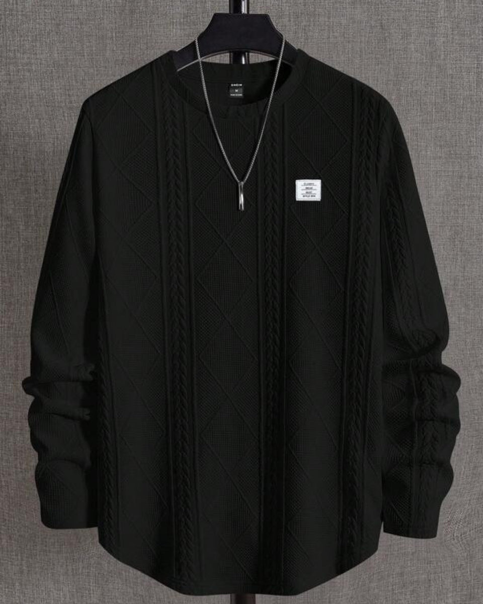 Suéter Tricot Texturizado Patch Gola Redonda Com Ribana Casual