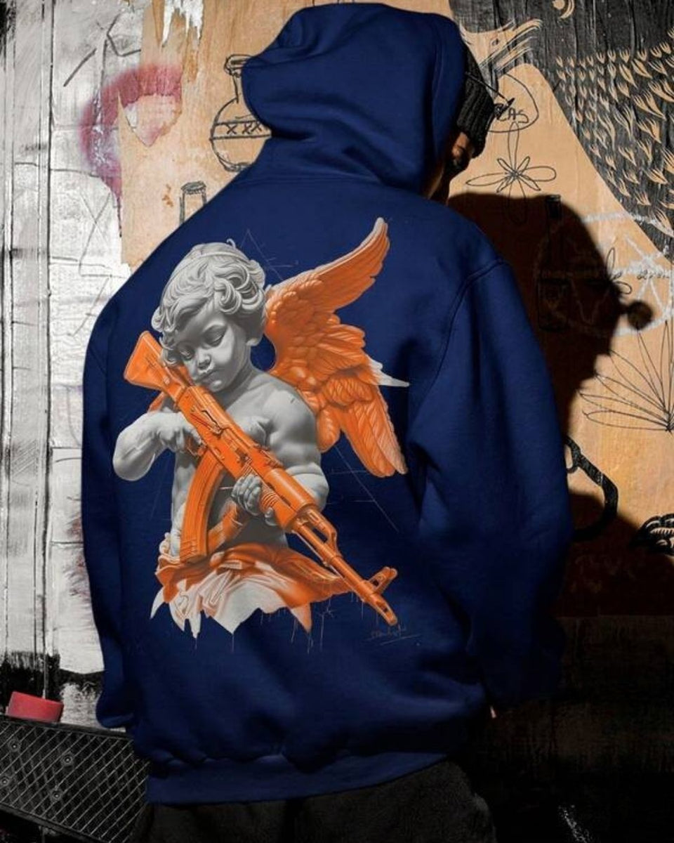 Moletom Com Capuz Estampa Anjo Armado Nas Costas Casual