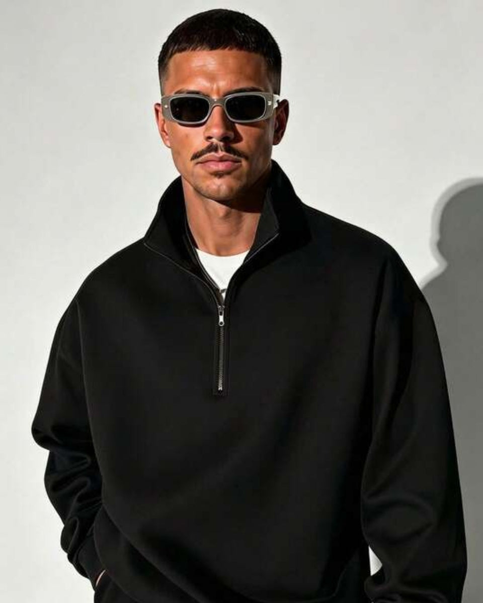 Suéter Meio Zíper Gola Alta Com Ribana Oversized Casual