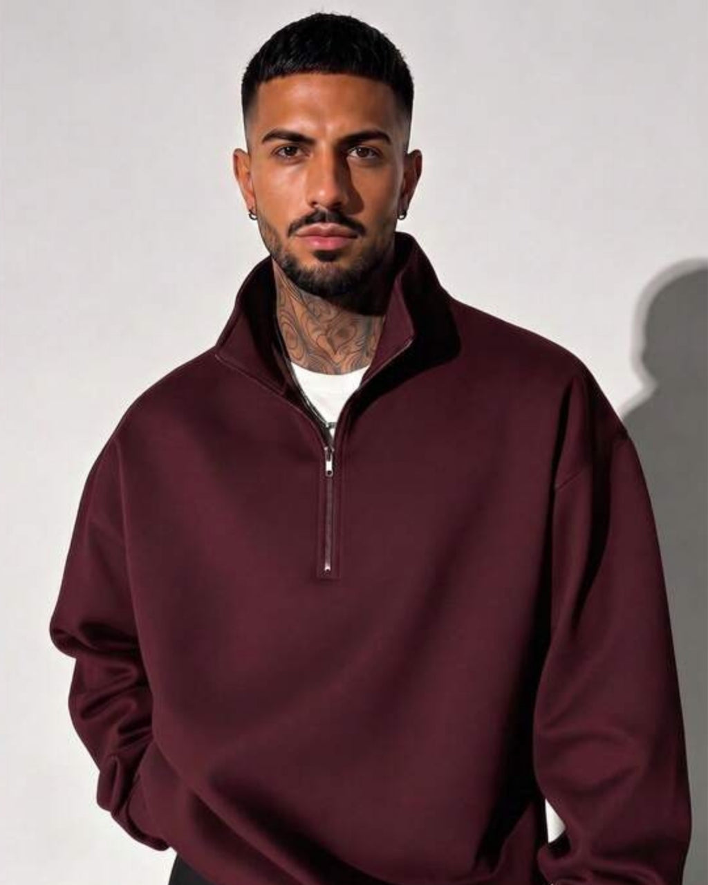 Suéter Meio Zíper Gola Alta Com Ribana Oversized Casual