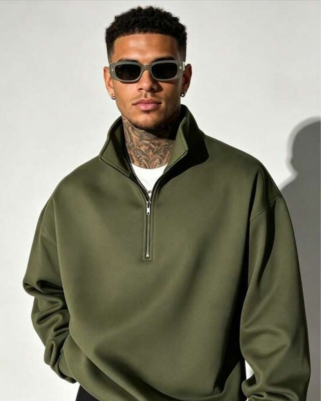 Suéter Meio Zíper Gola Alta Com Ribana Oversized Casual